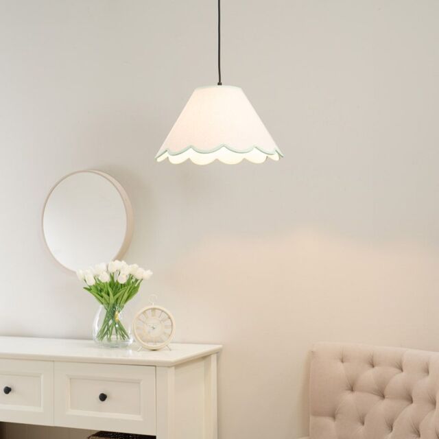 ValueLights Florie Natural Linen Small Tapered Lamp Shade with Scallop Pastel Trim in Green - image 1