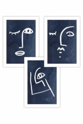 ARTZE Set of 3 Navy & White Abstract Line Art Faces Art Posters - Size: W50 cm x H70 cm - thumbnail 1