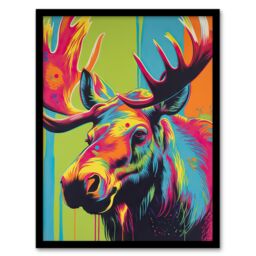 Artery8 Wall Art Print Canadian Moose Painting Vibrant Portrait Modern Artwork Art Framed - Size: A4 - thumbnail 1