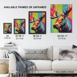Artery8 Wall Art Print Canadian Moose Painting Vibrant Portrait Modern Artwork Art Framed - Size: A4 - thumbnail 3