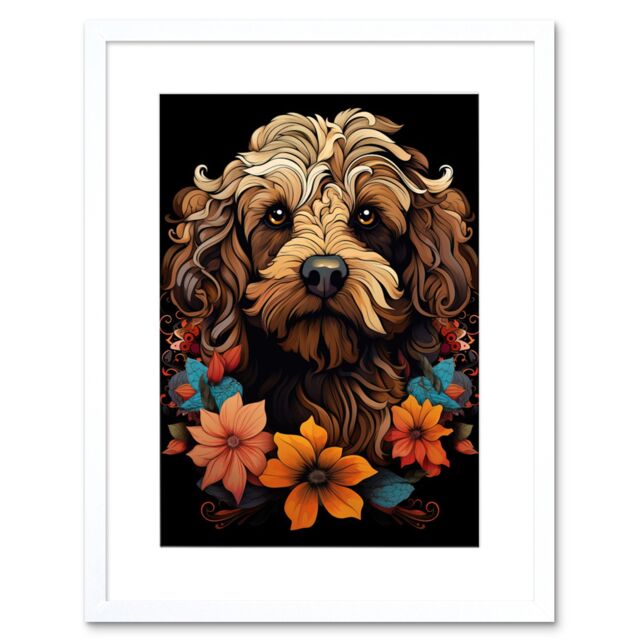 Artery8 Wall Art Print Cockapoo Dog with Flowers Artwork Orange Brown Blue Floral Art Nouveau Portrait on Black Artwork Framed 9X7 Inch - image 1
