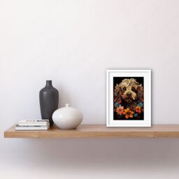 Artery8 Wall Art Print Cockapoo Dog with Flowers Artwork Orange Brown Blue Floral Art Nouveau Portrait on Black Artwork Framed 9X7 Inch - thumbnail 2