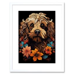 Artery8 Wall Art Print Cockapoo Dog with Flowers Artwork Orange Brown Blue Floral Art Nouveau Portrait on Black Artwork Framed 9X7 Inch - thumbnail 1