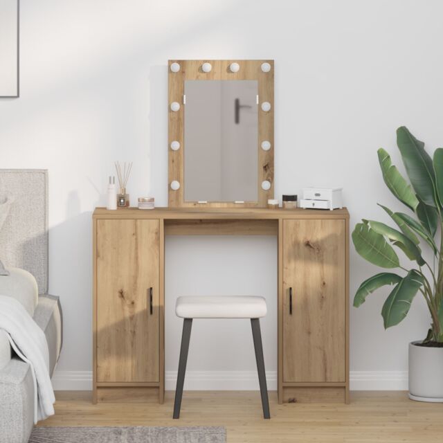 Berkfield Home Dressing Table with LED Lights Artisan Oak 102x33x135 cm in Brown - Size: 102 x 33 x 135 cm - image 1