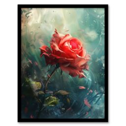 Artery8 Single Red Rose Flower Morning Mist Painting Framed Art Print in Blue - Size: A4 - thumbnail 1
