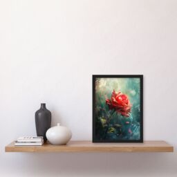 Artery8 Single Red Rose Flower Morning Mist Painting Framed Art Print in Blue - Size: A4 - thumbnail 4
