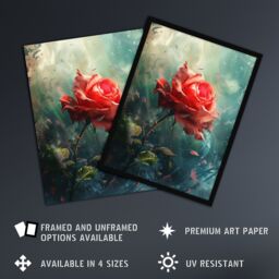 Artery8 Single Red Rose Flower Morning Mist Painting Framed Art Print in Blue - Size: A4 - thumbnail 2