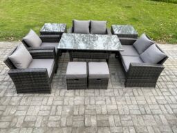 Fimous Garden Furniture Sets 9 Pieces Rattan Furniture Handmade Wicker Patio Sofa Set with 2 Small Footstools 2 Side Tables in Dark Grey - thumbnail 1