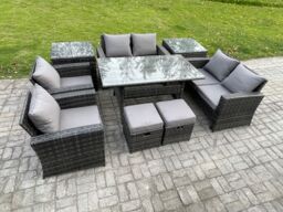 Fimous Garden Furniture Sets 9 Pieces Rattan Furniture Handmade Wicker Patio Sofa Set with 2 Small Footstools 2 Side Tables in Dark Grey - thumbnail 2