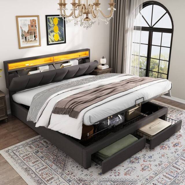 Matteo Super King Upholstered Bed with LED Lighting - Grey Linen - image 1
