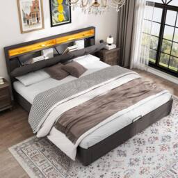 Matteo Super King Upholstered Bed with LED Lighting - Grey Linen - thumbnail 2