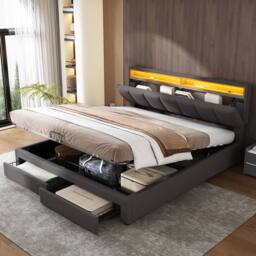 Matteo Super King Upholstered Bed with LED Lighting - Grey Linen - thumbnail 3