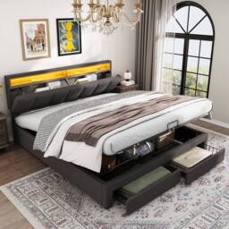 Matteo Super King Upholstered Bed with LED Lighting - Grey Linen - thumbnail 1