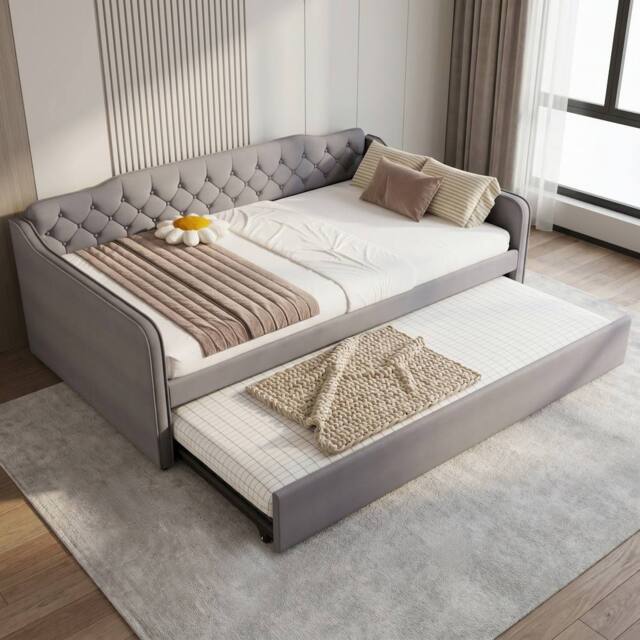 Merax 4ft6 Double Grey Velvet Upholstered Daybed with Pull-Out Trundle Bed - image 1