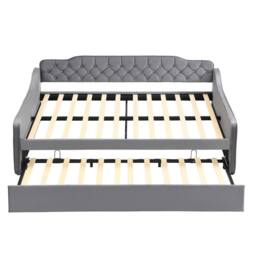 Merax 4ft6 Double Grey Velvet Upholstered Daybed with Pull-Out Trundle Bed - thumbnail 8