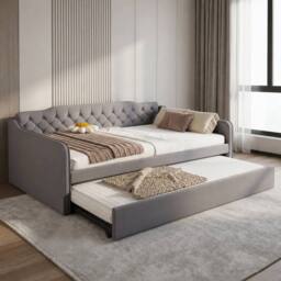 Merax 4ft6 Double Grey Velvet Upholstered Daybed with Pull-Out Trundle Bed - thumbnail 4