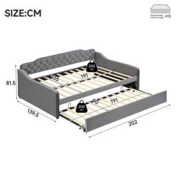 Merax 4ft6 Double Grey Velvet Upholstered Daybed with Pull-Out Trundle Bed - thumbnail 2
