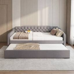 Merax 4ft6 Double Grey Velvet Upholstered Daybed with Pull-Out Trundle Bed - thumbnail 3