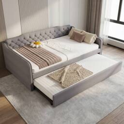 Merax 4ft6 Double Grey Velvet Upholstered Daybed with Pull-Out Trundle Bed