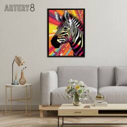 "Artery8 Zebra Colourful Rainbow Stripes Portrait Framed Canvas Wall Art Print in Orange - Size: W24"" x H32""" - thumbnail 3