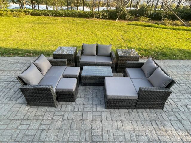 Fimous 9pc Rattan Sofa Garden Furniture Outdoor Patio Set with 2 Side Tables 3 Footstools Love Seat Sofa Dark Grey Mixed - image 1