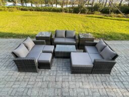 Fimous 9pc Rattan Sofa Garden Furniture Outdoor Patio Set with 2 Side Tables 3 Footstools Love Seat Sofa Dark Grey Mixed - thumbnail 1