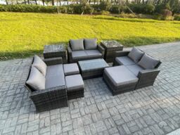 Fimous 9pc Rattan Sofa Garden Furniture Outdoor Patio Set with 2 Side Tables 3 Footstools Love Seat Sofa Dark Grey Mixed - thumbnail 2