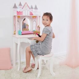 Teamson Kids Dreamland Castle Wooden Kids Vanity Table Play Set, Pink/White in Pink - thumbnail 2