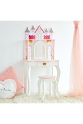 Teamson Kids Dreamland Castle Wooden Kids Vanity Table Play Set, Pink/White in Pink - thumbnail 3