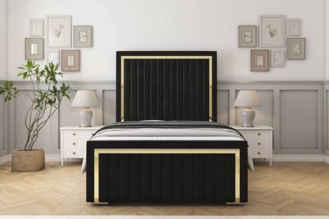 "Sloomy Boston Gold Plush Frame-Mattress - 50"" Upholstered Headboard in Black - Size: Super King" - image 1