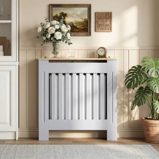 HOMCOM Radiator Cover Wooden Cabinet Vertical Slatted Vent MDF Grey Home - Size: Medium - image 1
