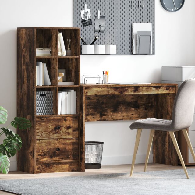 Berkfield Home Desk with Storage Smoked Oak Engineered Wood in Brown - image 1