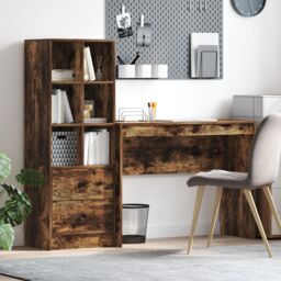 Berkfield Home Desk with Storage Smoked Oak Engineered Wood in Brown - thumbnail 1