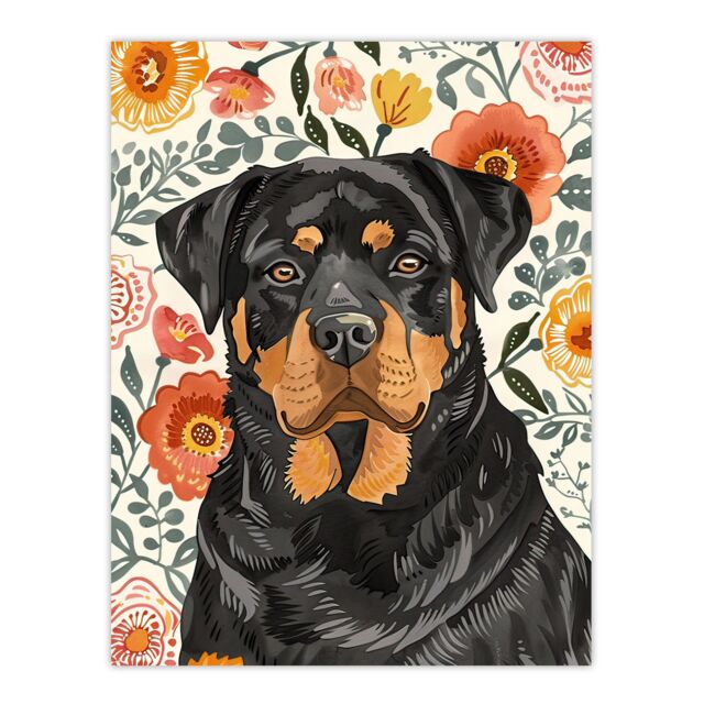 "Artery8 Rottweiler Dog Lover Bright Floral Pet Portrait Wall Art Print - Size: W12"" x H16""" - image 1