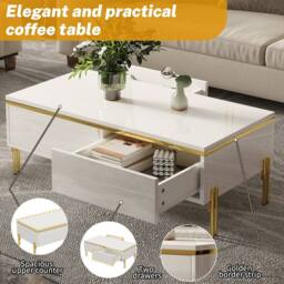 Merax High Gloss Rectangular Coffee Table with Gold Legs & Dual Drawers in White - thumbnail 7