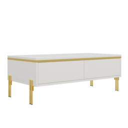 Merax High Gloss Rectangular Coffee Table with Gold Legs & Dual Drawers in White - thumbnail 8