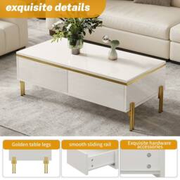 Merax High Gloss Rectangular Coffee Table with Gold Legs & Dual Drawers in White - thumbnail 6