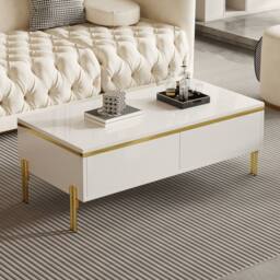 Merax High Gloss Rectangular Coffee Table with Gold Legs & Dual Drawers in White - thumbnail 1