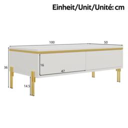 Merax High Gloss Rectangular Coffee Table with Gold Legs & Dual Drawers in White - thumbnail 2