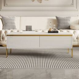Merax High Gloss Rectangular Coffee Table with Gold Legs & Dual Drawers in White - thumbnail 4
