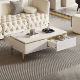 Merax High Gloss Rectangular Coffee Table with Gold Legs & Dual Drawers in White - thumbnail 3