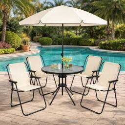 Marco Paul 4 Seater Garden Dining Set with Parasol Cream Patio Table & Chairs - thumbnail 7