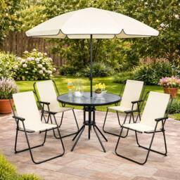 Marco Paul 4 Seater Garden Dining Set with Parasol Cream Patio Table & Chairs - thumbnail 5