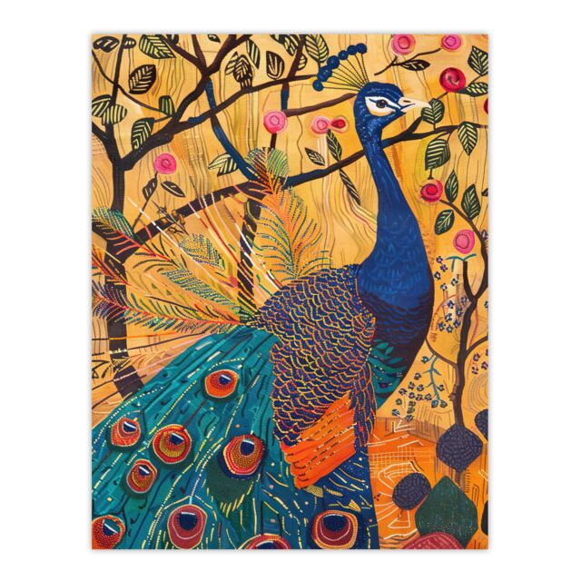 "Artery8 Exotic Peacock in Tree with Roses Artwork Wall Art Print in Yellow - Size: W18"" x H24""" - image 1