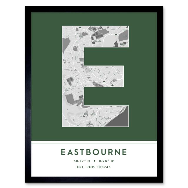 "Wee Blue Coo Wall Art Print Eastbourne England United Kingdom City Map Modern Typography Stylish Letter Framed Word in Green - Size: W12"" x H16""" - image 1