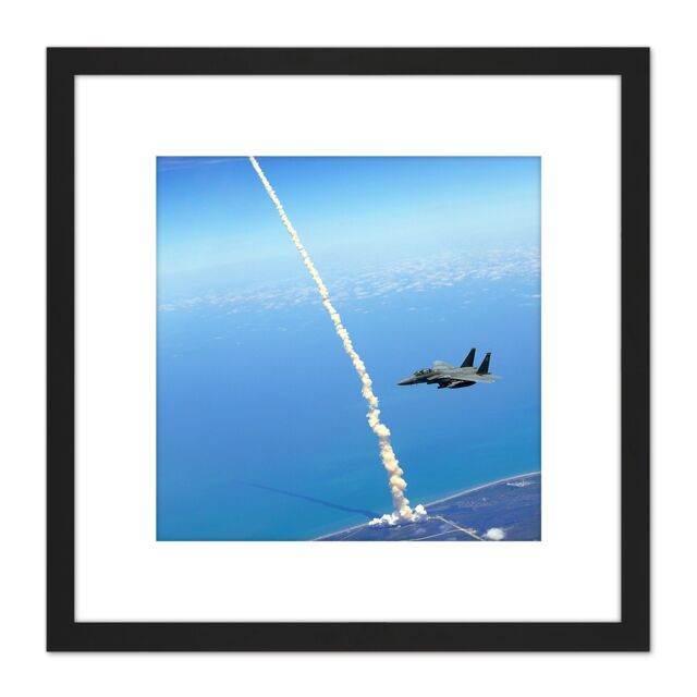 Artery8 Space Shuttle Atlantis Launch Strike Eagle Patrol Photo 8X8 Inch Square Wooden Framed Wall Art Print Picture with Mount in Black - image 1