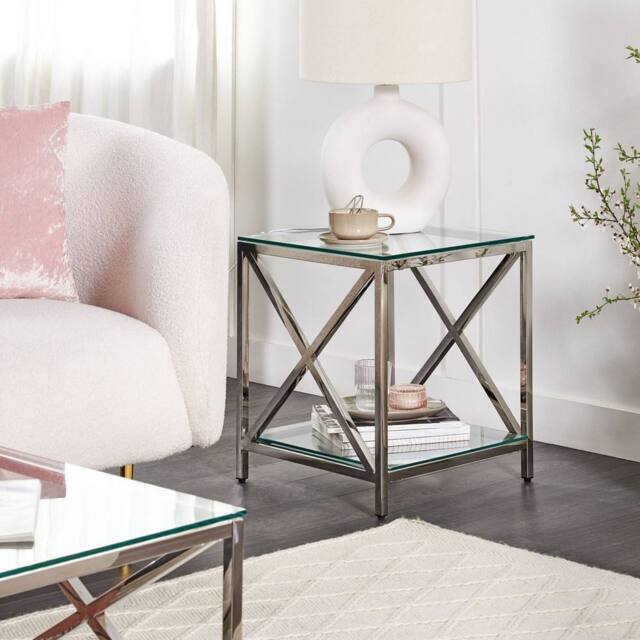 Wyld and Coco Glam Glass Side Table Stainless Steel Frame 45 x 45 cm in Silver - image 1