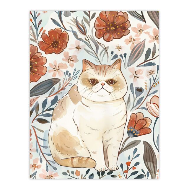 "Artery8 Smiling Exotic Shorthair Cat Floral Watercolour Wall Art Print - Size: W18"" x H24""" - image 1