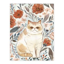 "Artery8 Smiling Exotic Shorthair Cat Floral Watercolour Wall Art Print - Size: W18"" x H24""" - thumbnail 1