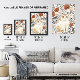 "Artery8 Smiling Exotic Shorthair Cat Floral Watercolour Wall Art Print - Size: W18"" x H24""" - thumbnail 3